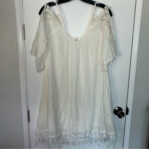 White Cold Shoulder Lace Dress with Fringe Medium Knee Length Fairycore